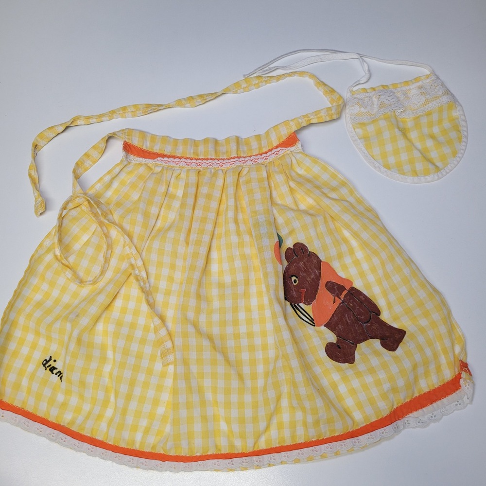 Vintage Yellow Gingham Child Apron Hand Painted Bear with Balloons Bib Set